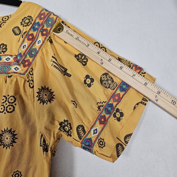 Ryan Michael Top Women's XL Mustard Embroidered Southwestern AOP Tie Neck Cotton - Picture 6 of 13